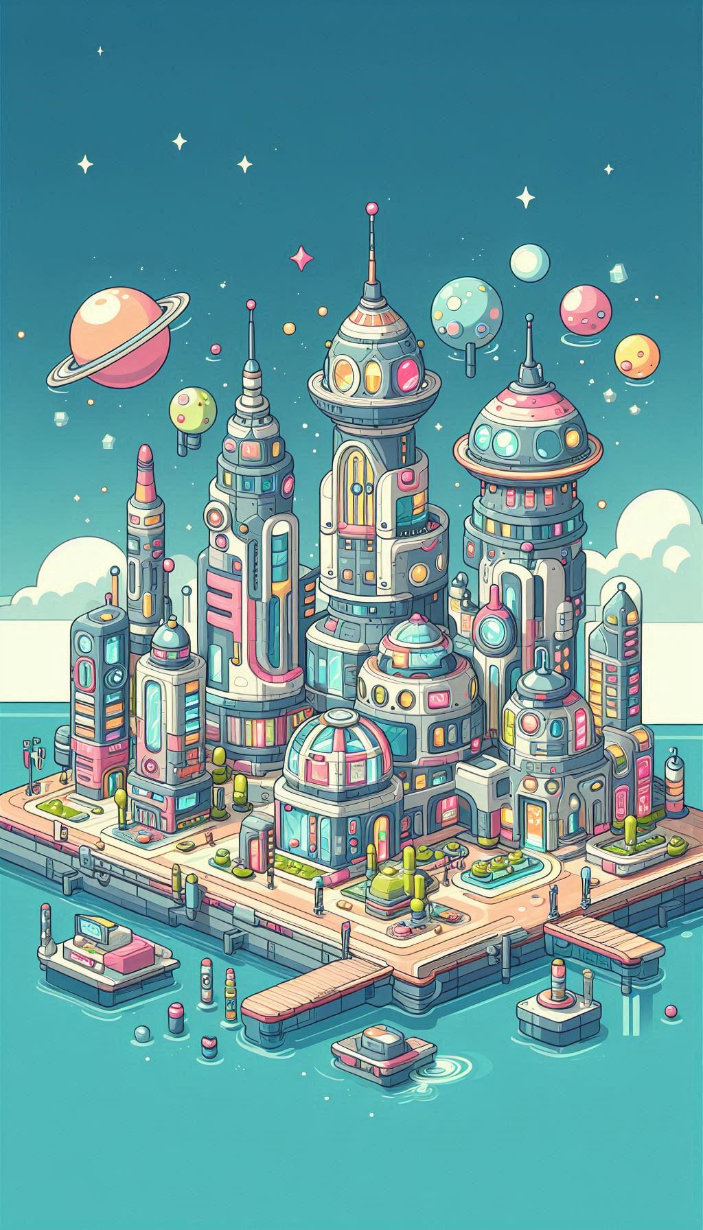 cartoony futurist city from MS Designer